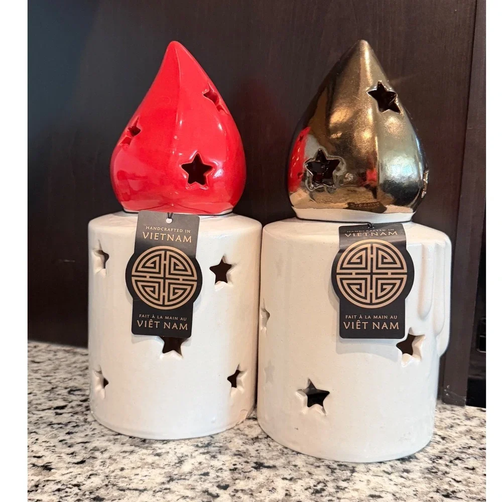 Handcrafted Ceramic Star‎ Cutout Candle Holders Set of 2 Red Gold Vietnam Decor